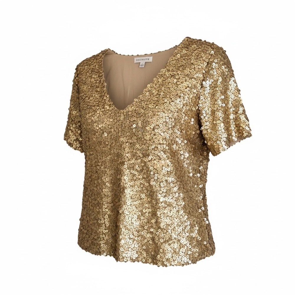 Socialite Gold Sequin V-Neck Short Sleeve Top